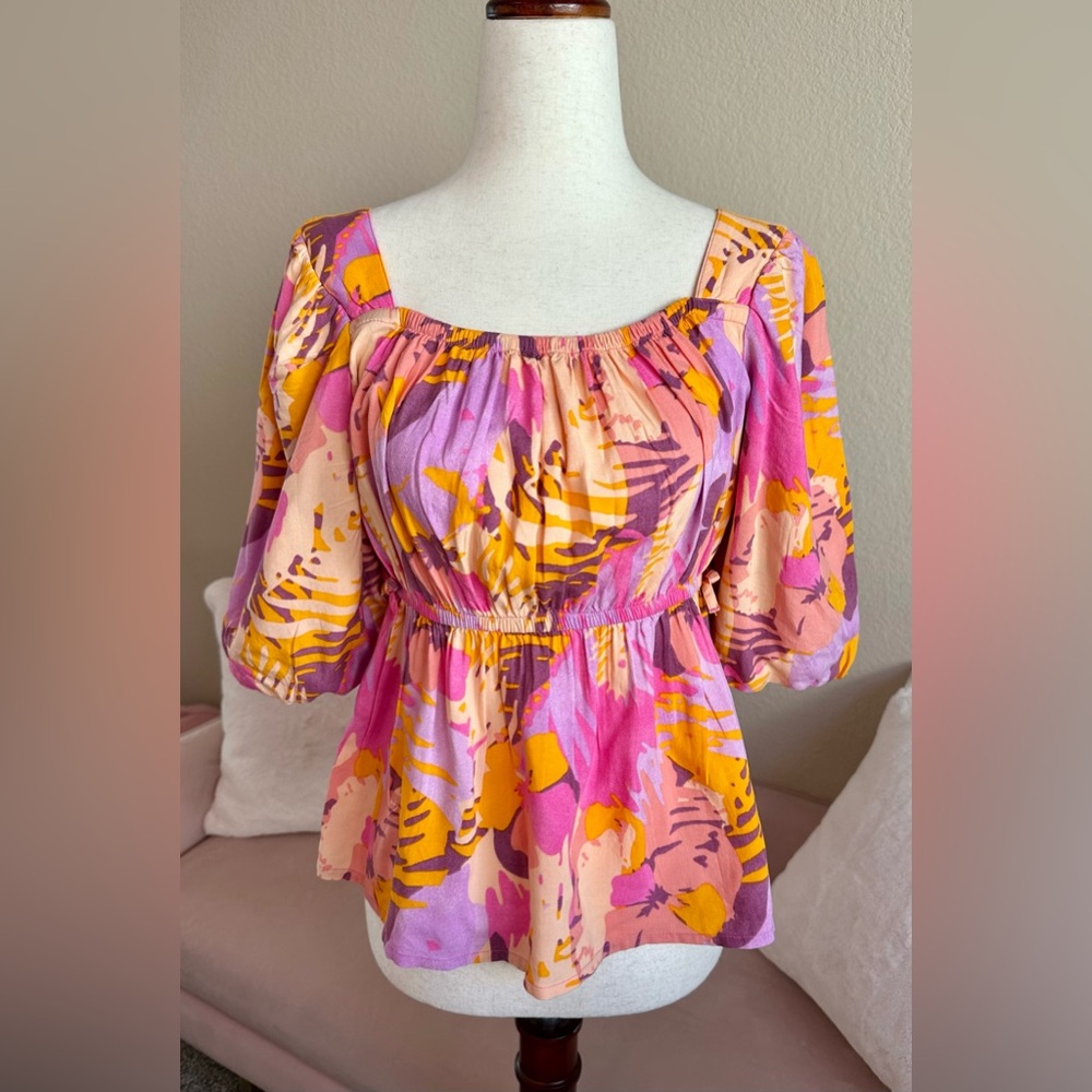 New Roxy Tropical Top Sq Neck Balloon Slv Empire Waist Girls XL Pink Lavender